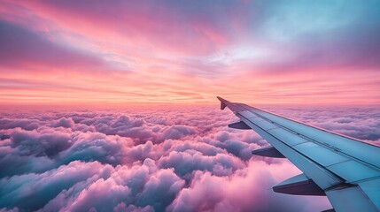 Obraz premium Airplane wing soaring above a sea of clouds at sunset