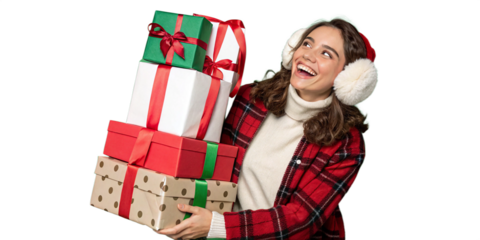 A cheerful young woman smiling brightly as she holds wrapped Christmas gifts against a png background.