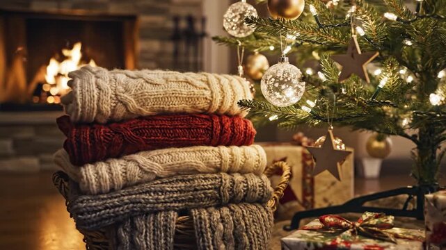 Cozy knit sweater stack by decorated Christmas tree with warm lights and fireplace glow creating festive seasonal comfort and inviting holiday atmosphere beside wrapped gifts with glowing lights