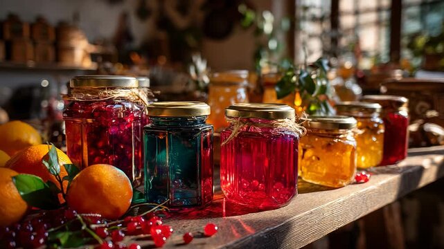 Jars of jam and fruit on rustic wooden table