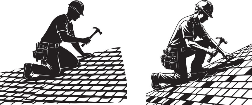 Roofer Working Installing Shingles Silhouette Illustration Vector Set