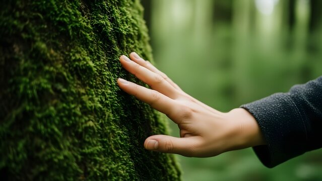 Human hand touching a tree trunk covered in green moss. Connection with nature and therapy concept. Person feeling the texture of an old tree bark in a deep lush forest