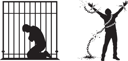 Captivity vs Freedom: Prisoner in Cage and Liberated Man Breaking Chains Silhouette