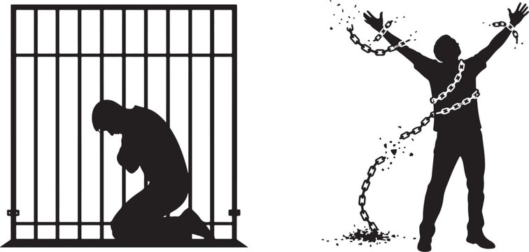 Captivity vs Freedom: Prisoner in Cage and Liberated Man Breaking Chains Silhouette