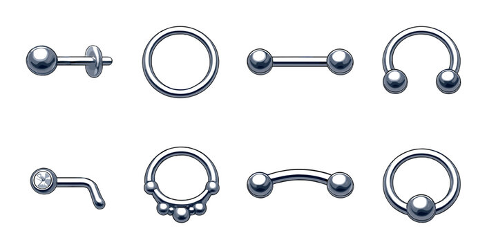 Silver body piercing jewelry collection on gray background