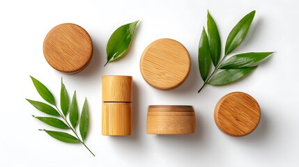 Natural cosmetic product containers with green leaves isolated on white background