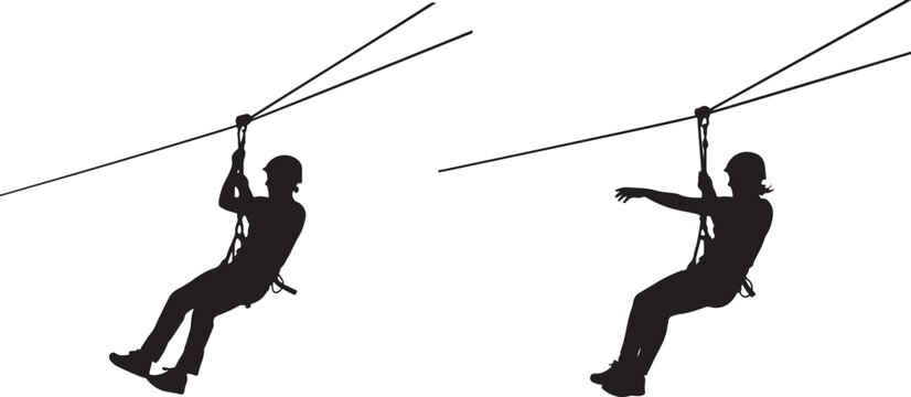 Zip Line Riders Silhouette Set - Adventure Sport Activity Vector Illustration