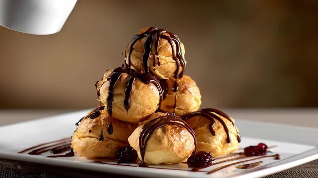 A dynamic close-up action shot of thick, glossy dark chocolate sauce being poured over a stack of golden choux pastry profiteroles filled with cream, served on a textured rustic ceramic plate.