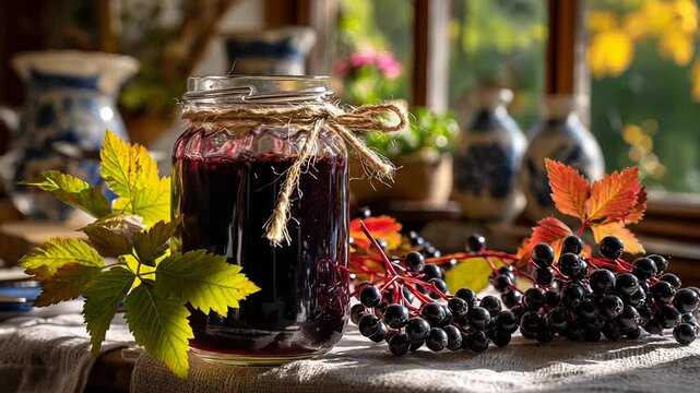 Homemade blackberry jam with fresh berries and leaves