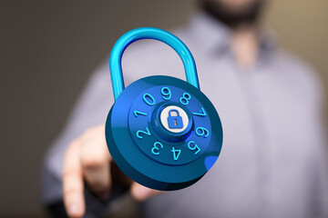 Hand touching digital blue padlock, symbolizing security, protection, and data privacy. Ideal for cybersecurity