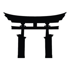 Black silhouette of a traditional japanese torii gate on white background