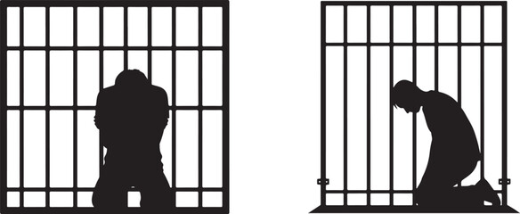 Prisoner Silhouette in Jail Cell Bars Vector Illustration: Isolation and Despair