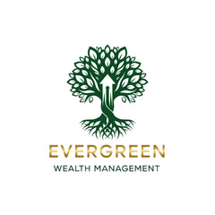 Obraz premium Evergreen Wealth Management Logo Featuring a Tree with Arrow Symbolizing Growth.