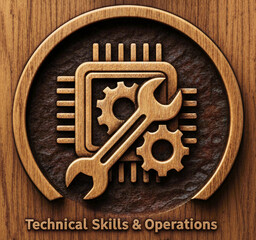 Technical Skills and Operations Concept Icon Carved in Wood featuring Wrench, Gears and CPU Symbol