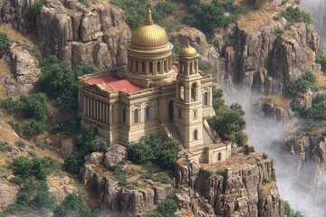Ornate golden-domed temple atop rugged cliffside