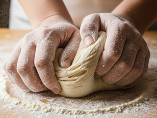 Hands kneading dough on floured surface