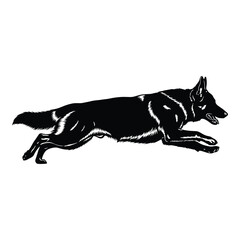 A striking black and white illustration of a german shepherd running