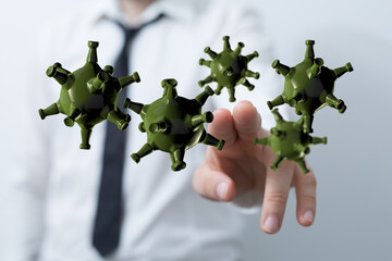 A business professional points at virus cells, representing health concepts. A visual depiction of the global