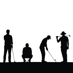 Silhouettes of golfers on a green course against a white background