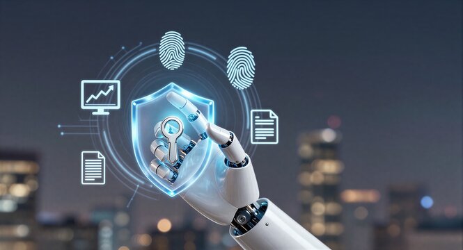 Robot hand holds glowing shield, symbolizing digital security in futuristic cityscape. - Powered by Adobe