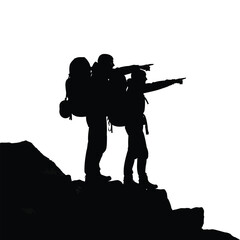 Silhouette of two hikers pointing towards the horizon on a mountaintop