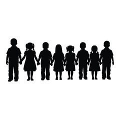 A line of children holding hands a simple black silhouette illustration
