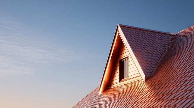Architectural detail of a copper roof and dormer window against a blue sky