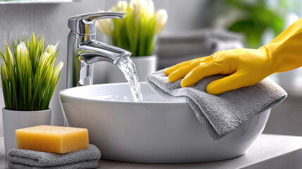 Cleaning lady cleaning sink, professional sanitation and hygiene concept, toilet maintenance, cleaning and housekeeping, stock photography style