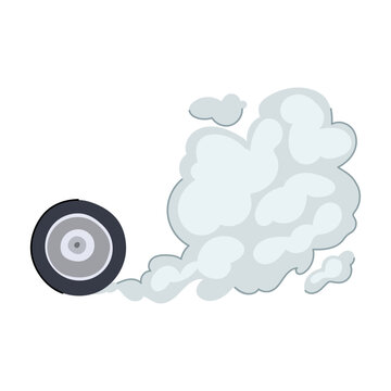 Rolling vehicle tire creating a large cloud of white smoke, illustrating concepts of speed, burnout, friction, engine power, and competitive racing on a clean white background