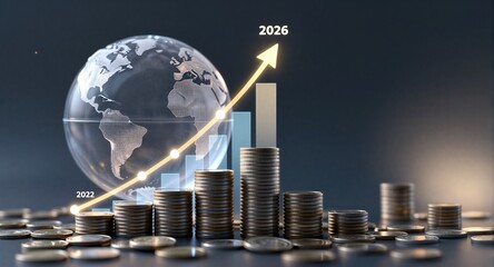 Global financial growth trend shown by rising coin stacks and upward arrow chart.
