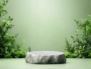 Grey Stone Podium with Green Foliage.
