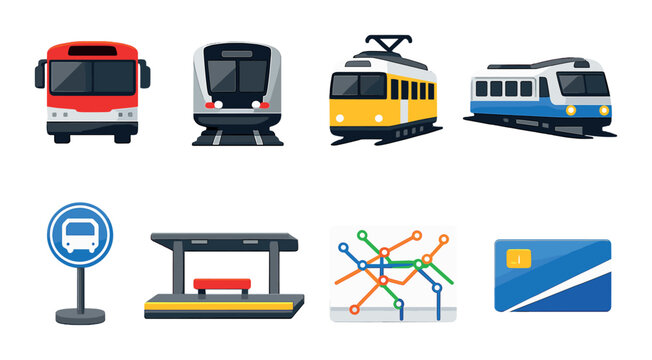 Diverse public transport icons featuring bus, train, tram, metro, and transit map