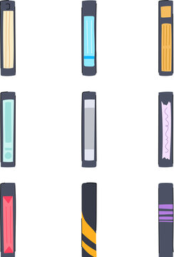 Nine flat design illustrations depicting various colorful vhs video tape cassettes, representing vintage media, old technology, entertainment, and nostalgia from the past