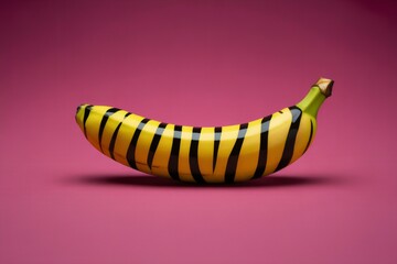 Yellow banana with black zebra stripes on a pink background