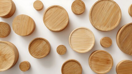 Overhead view of wooden round blocks arranged in a pattern isolated on white background
