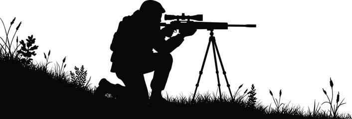 Silhouette marksman kneeling with tripod rifle, tactical shooter aiming scope, outdoor grass slope, military hunting scene, precision shooting illustration backgroundSilhouette marksman kneeling with  © Creatives Sakib