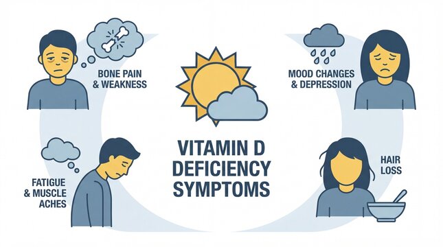 Vitamin D deficiency symptoms educational health information showing bone pain weakness fatigue muscle aches mood changes depression hair loss requiring medical attention supplementation
