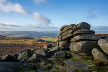 Gritstone rocks on Higger Tor in Peak District National Park, South Yorkshire, England. UK.