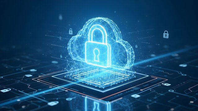 Cloud security icon with a digital padlock on a server platform. Data protection and cloud computing. Secure virtual storage system with glowing mesh and network connections