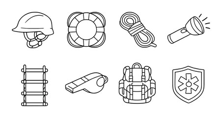 Emergency rescue equipment icons: helmet, life buoy, rope, flashlight, ladder, whistle, backpack, shield