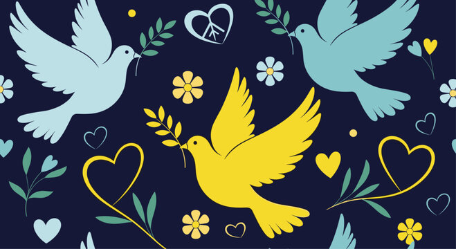 Hopeful seamless pattern featuring graceful peace doves carrying olive branches, surrounded by hearts and delicate flowers, rendered in symbolic blue and yellow on a dark blue background. - Powered by Adobe