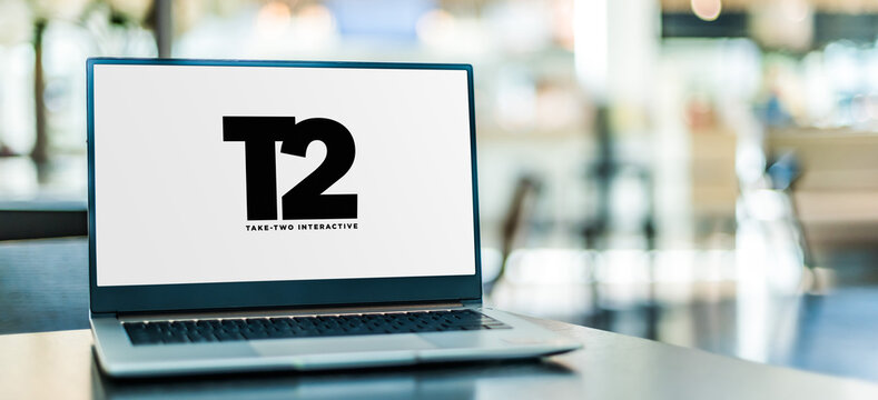 Laptop computer displaying logo of Take-Two Interactive Software