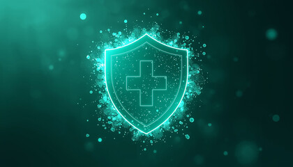 Glowing teal shield with cross symbol on dark background