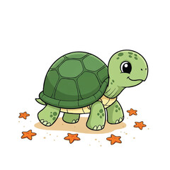 Obraz premium A cute cartoon turtle with a green shell and smiling face standing on a sandy patch surrounded by orange stars on a white background.