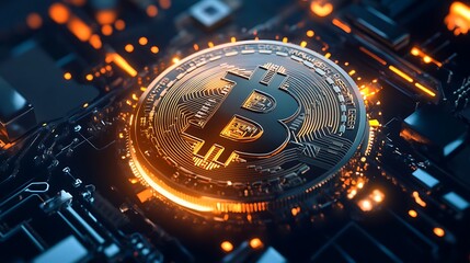 Bitcoin cryptocurrency digital currency concept with electronic circuitry