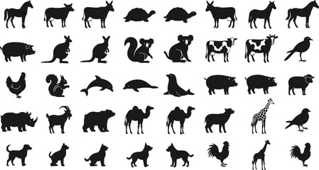 Animal silhouette vector set, wild and domestic species grid, black wildlife icons including birds, mammals, farm and jungle animals