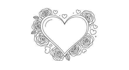 Elegant outline heart shape beautifully framed by delicate roses and tiny hearts, creating a romantic and decorative floral motif in black and white.