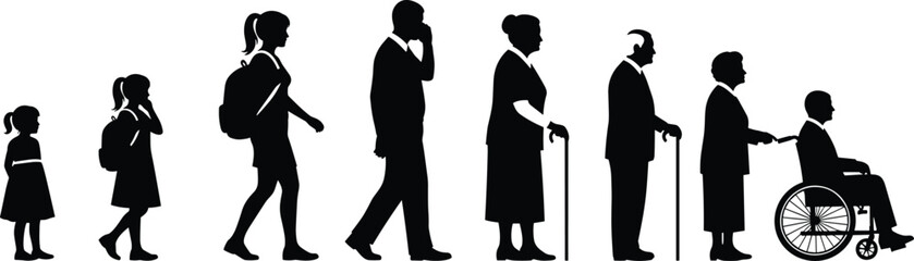 Human life cycle silhouettes, aging stages vector, childhood to elderly progression, black and white people evolution illustration set