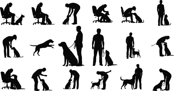 Human and dog interaction silhouette vector set, black figures training, petting, walking, bonding in obedience and companionship scenes
