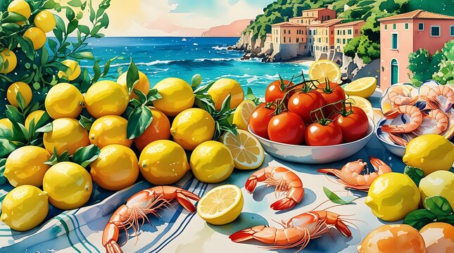 Assorted fresh fruits and vegetables arranged outdoors under blue sky with scattered clouds 